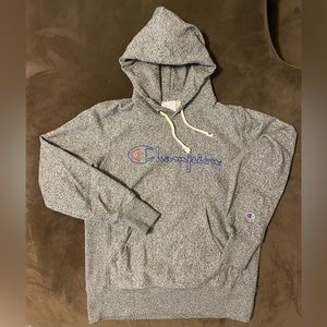 Y2K Champion Reverse Weave Hoodie Sweatshirt Gray Script Embroidered Logo Large